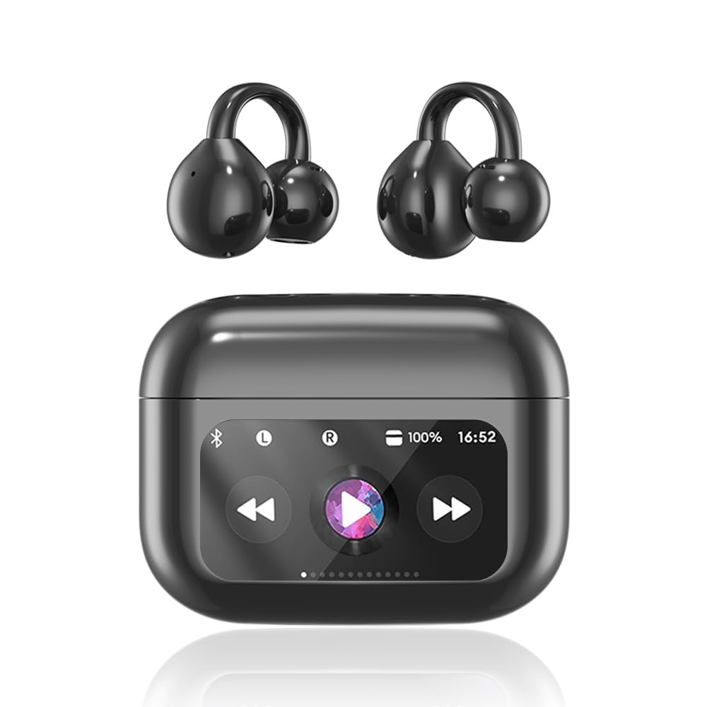 Yeabomy clip-on open-ear headphones with LCD touchscreen charging case for effortless music control.