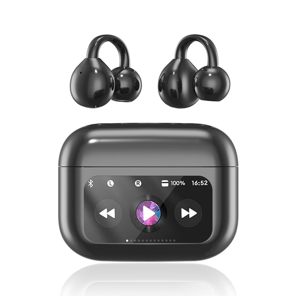 Yeabomy clip-on open-ear headphones with LCD touchscreen charging case for effortless music control.