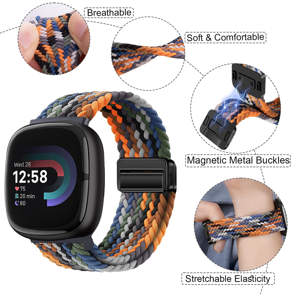 Yeahxing braided band Sense 1 magnetic clasp in denim blue for quick wear.