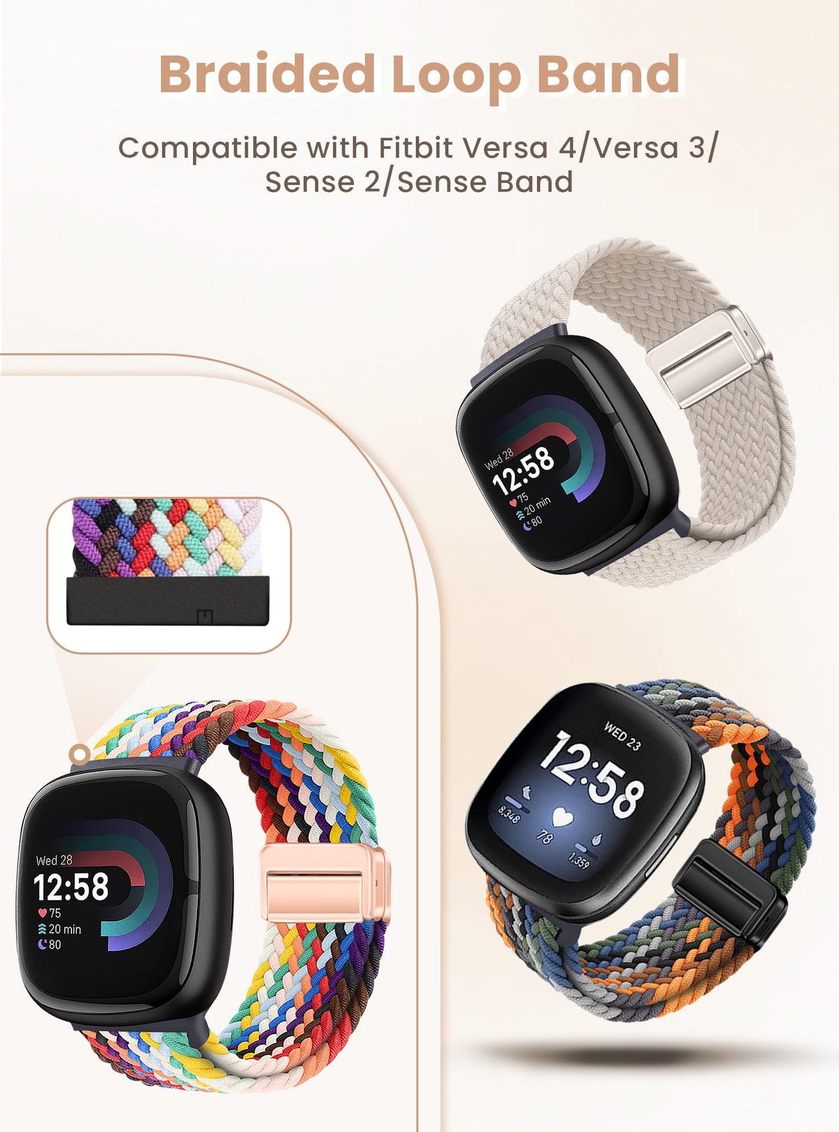 Yeahxing braided band on Versa 3 wrist, breathable and comfortable.