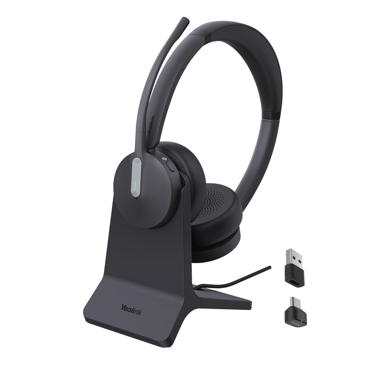 Yealink BH70 headset on desk with charging stand for clear calls.