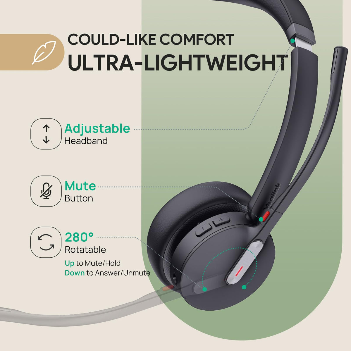 Yealink BH70 lightweight 147g for all-day comfortable wear.