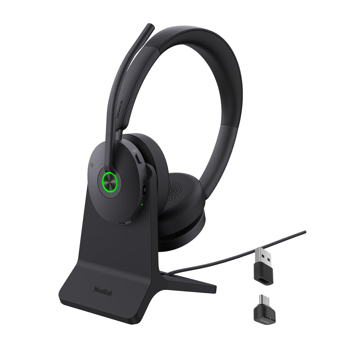 Yealink BH74 headset on stand with charging dock for quick access.