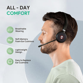 Yealink replacement cushion on headset in desk setup illustrating improved all-day wear comfort