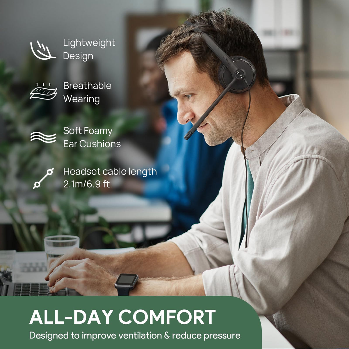 Yealink UH34 boom microphone closeup highlighting noise cancelling benefit for clearer calls