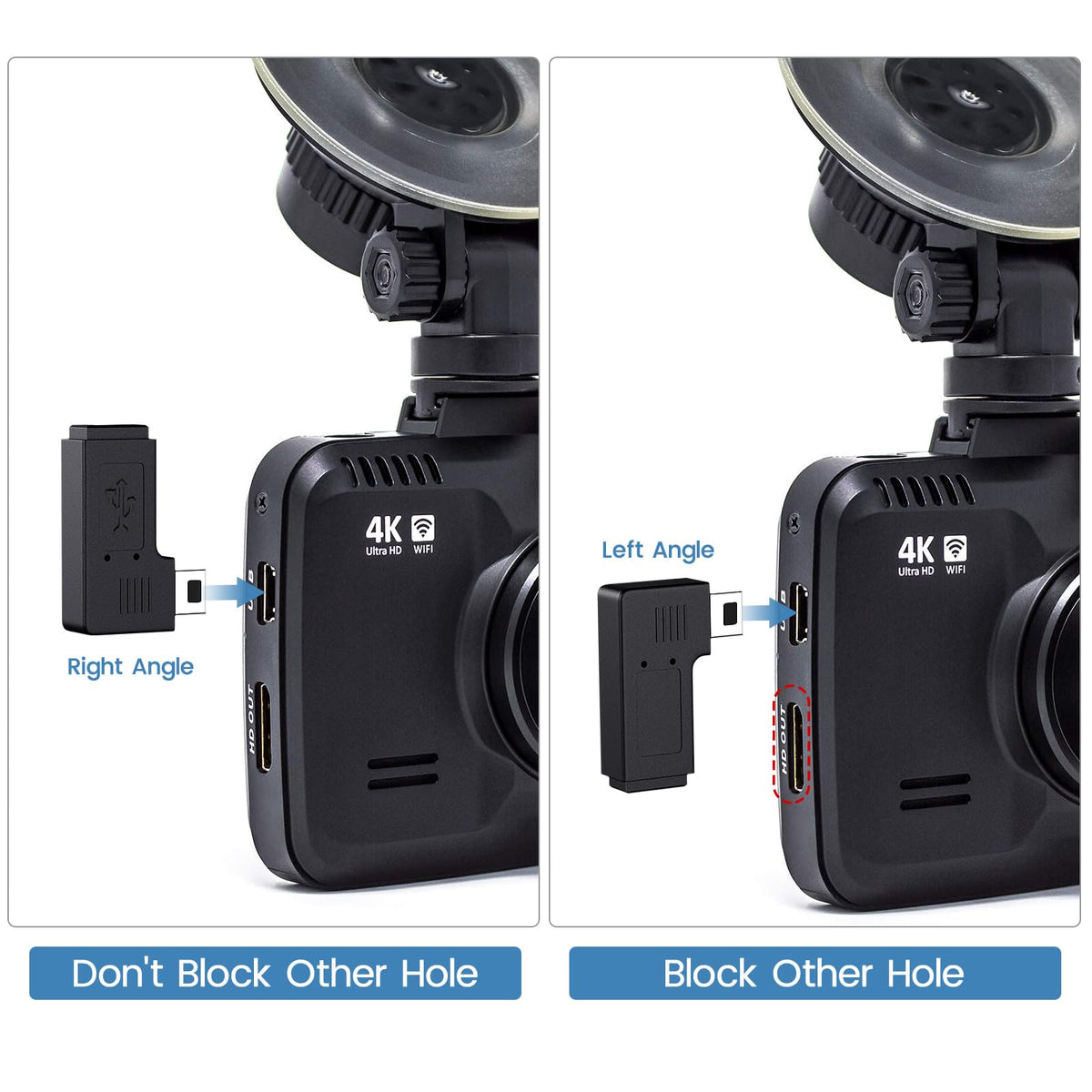 YEAOI close-up of mini-USB and USB-C 90° adapters for stress-free connections