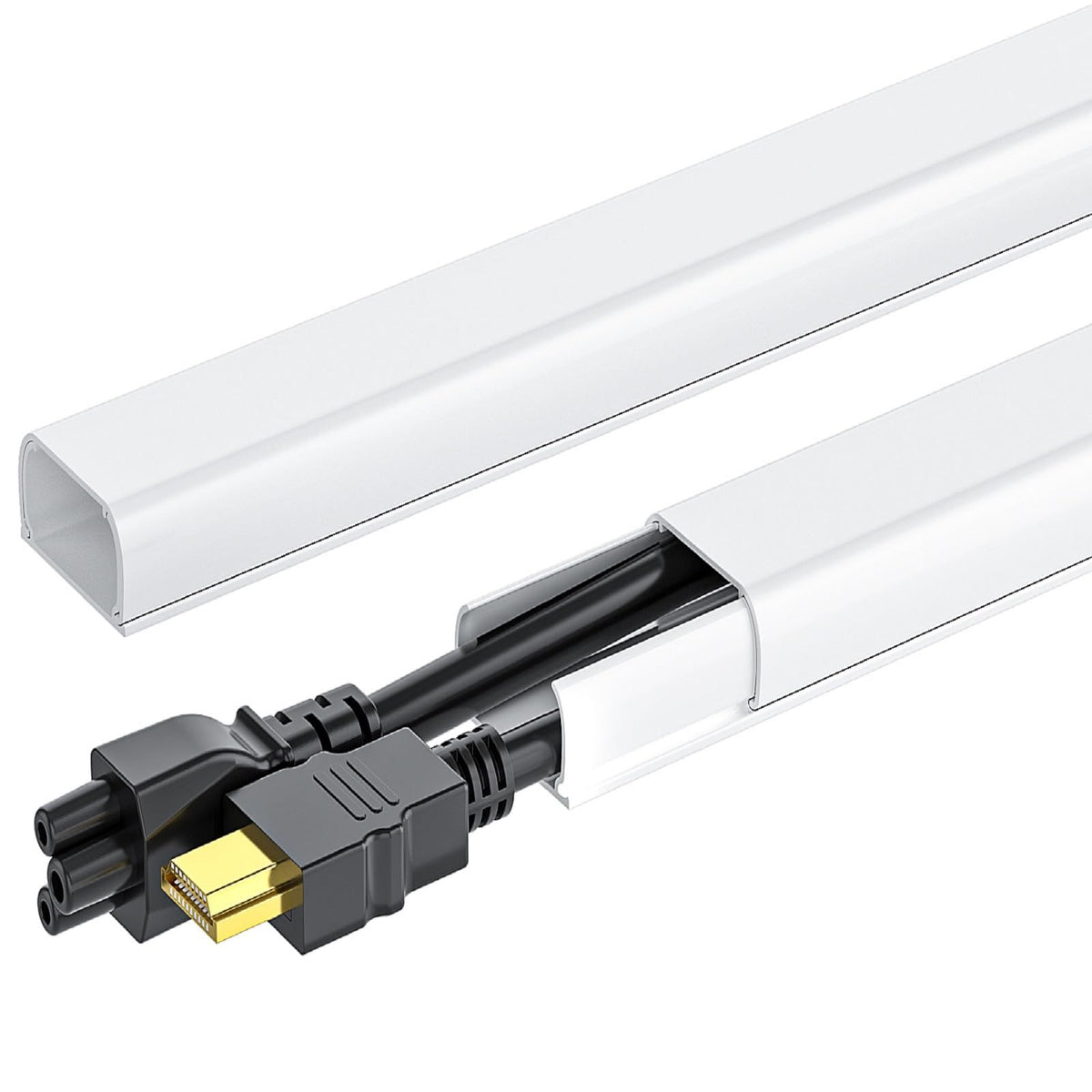 Yecaye 142in wall cord hider with extended coverage hides long cables along a wall.