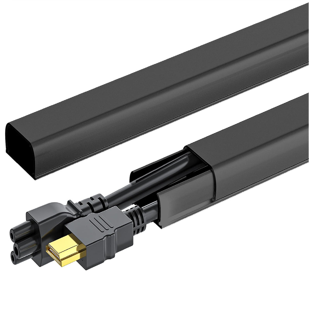 The Yecaye 142in wall cord hider hides cables behind a desk for a cleaner setup.