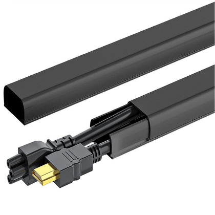 The Yecaye 142in wall cord hider hides cables behind a desk for a cleaner setup.