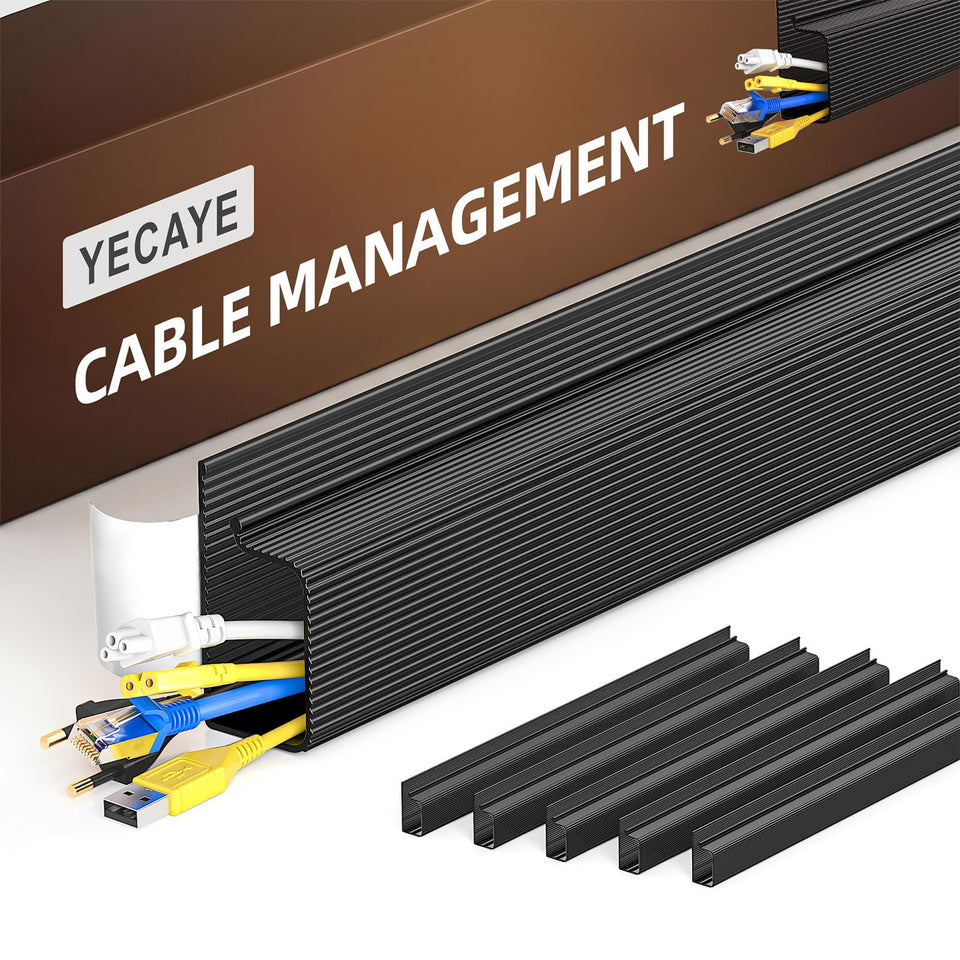 Yecaye 6-pack J-channel cable management on a desk keeps cords neat and accessible.