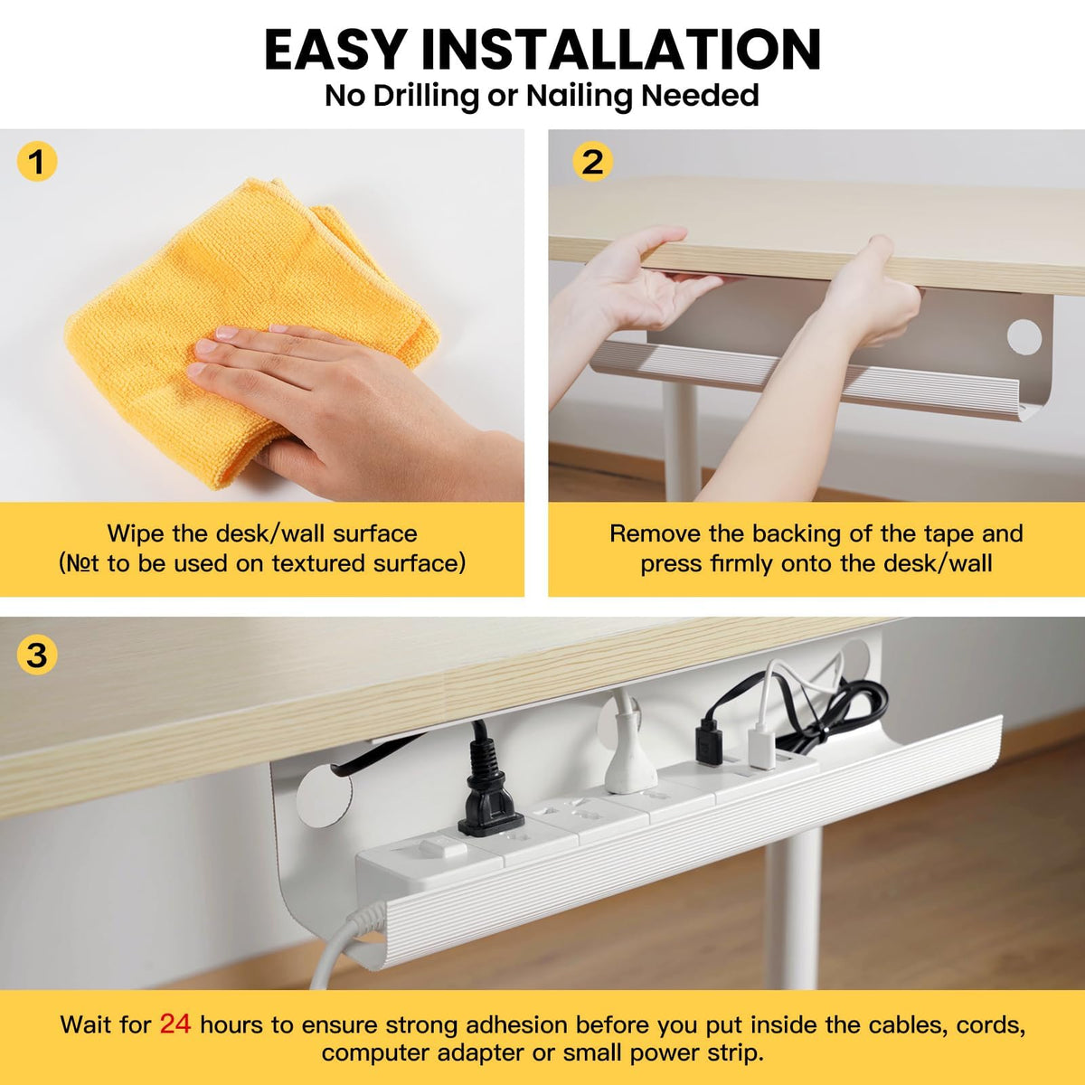 Yecaye adhesive-back cable tray provides quick, secure mounting on clean surfaces.