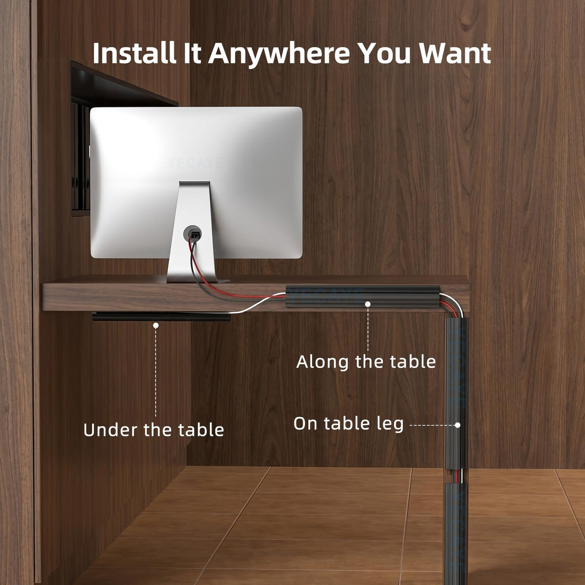 Yecaye adhesive desk cable raceway installation demonstrates quick, damage-free setup.