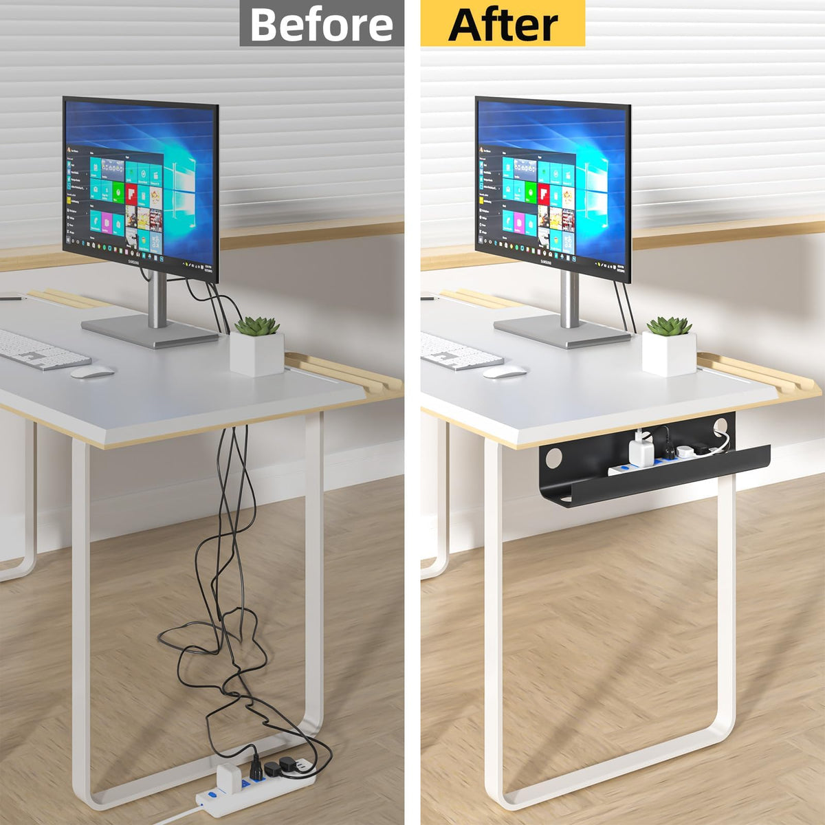 Yecaye under-desk tray in use improves room aesthetics and safety.