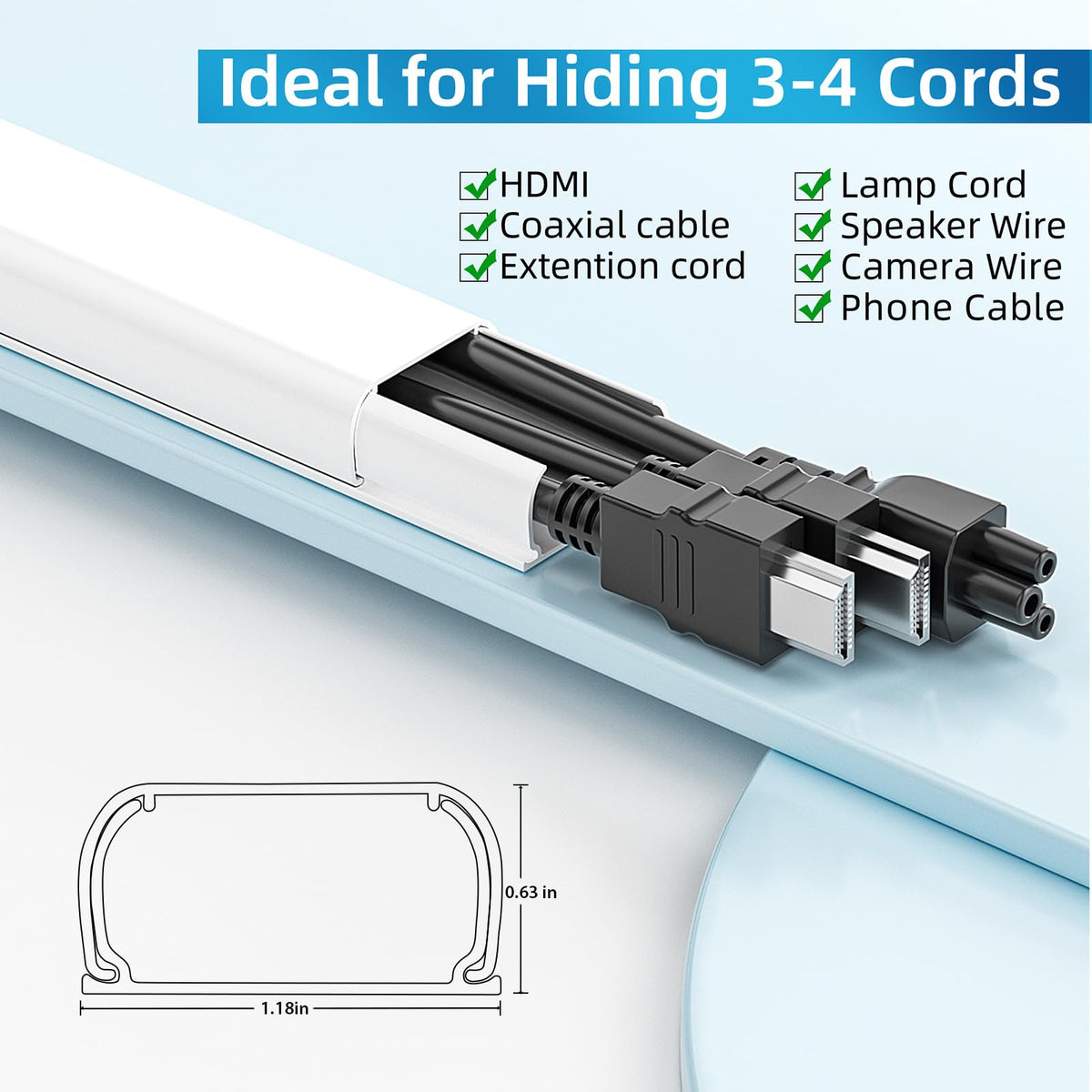 Yecaye cord cover for 3-4 cords on the wall keeps cables organized.