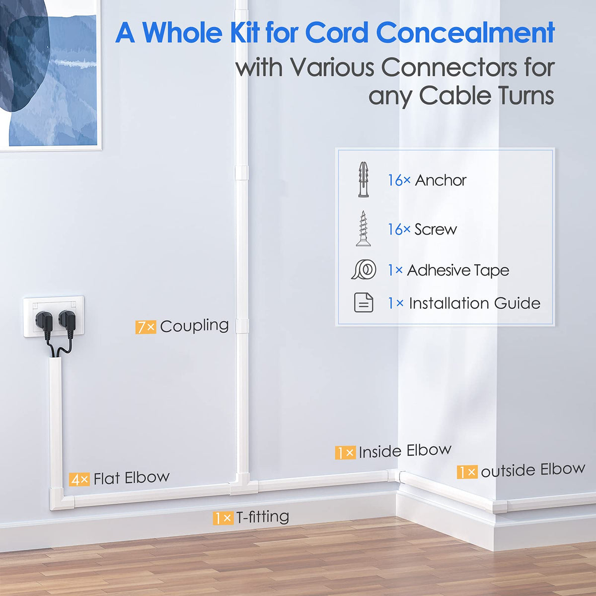 Yecaye Cord Hider adhesive option for smooth walls hides wires neatly.