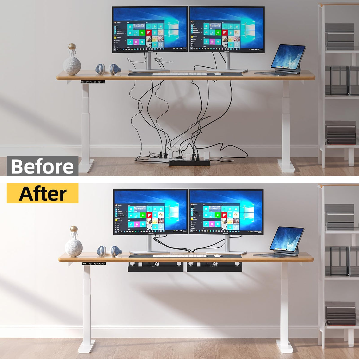 Yecaye desk cable management tray keeps desktop clear and free from tangles.