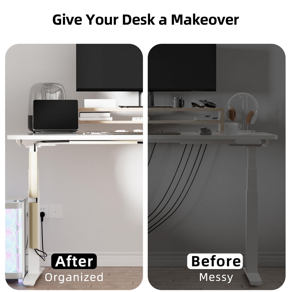 Yecaye flexible J-channel can be placed along desk edges for neat routing.