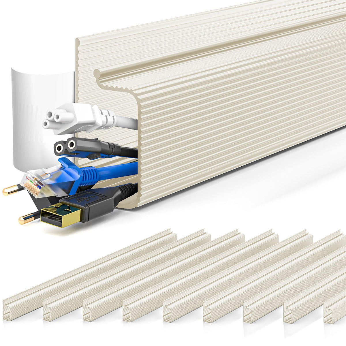Yecaye front packaging showing beige six-piece cable management kit, neat storage benefit
