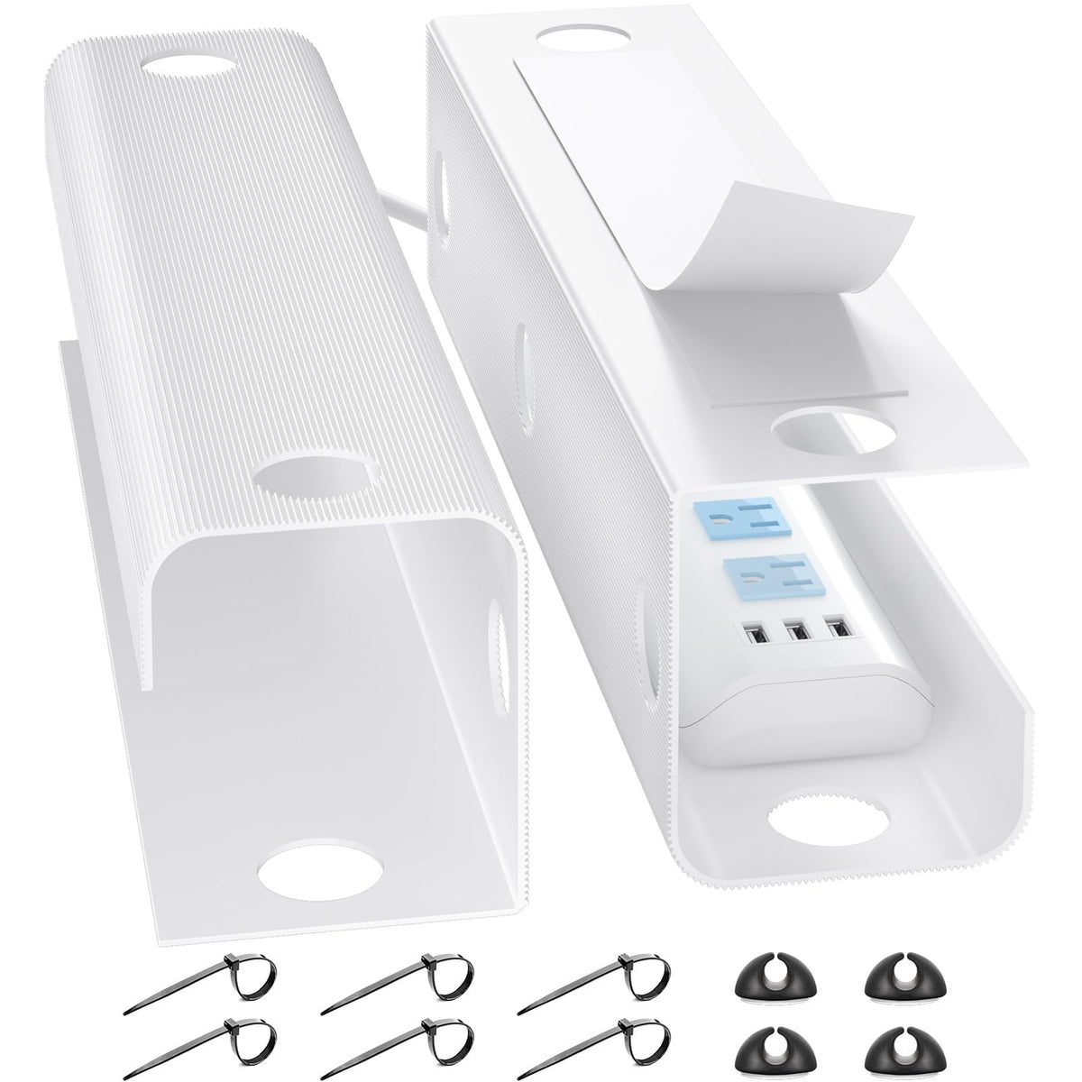 Yecaye large under-desk cable management keeps outlets organized and clean.