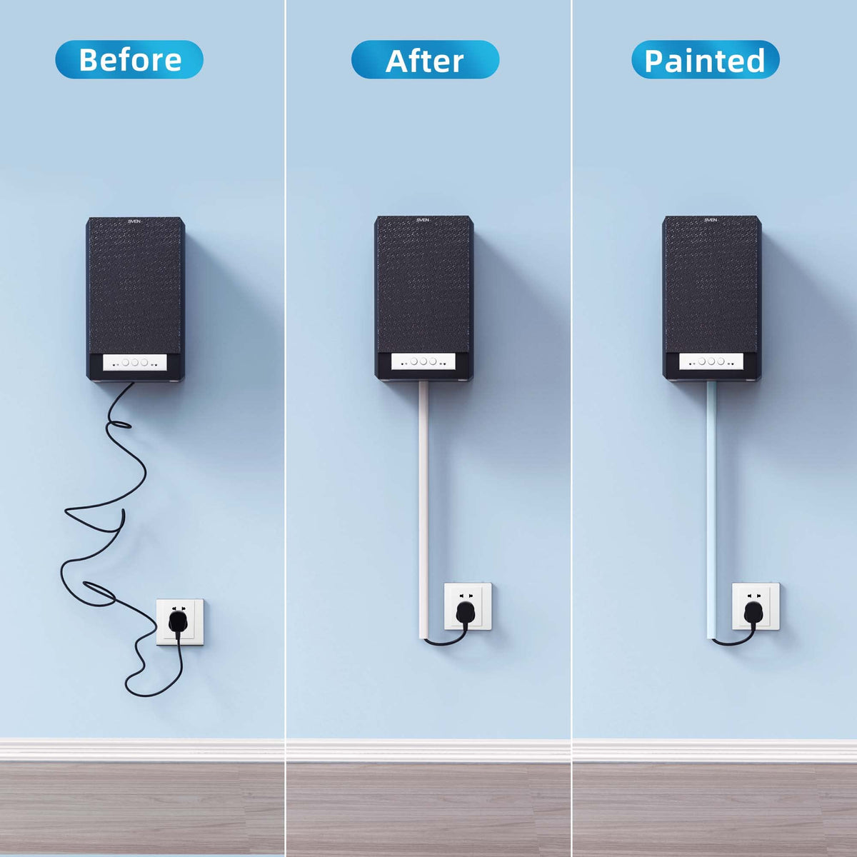 Yecaye connector-free cord cover installs without elbows for easy placement.