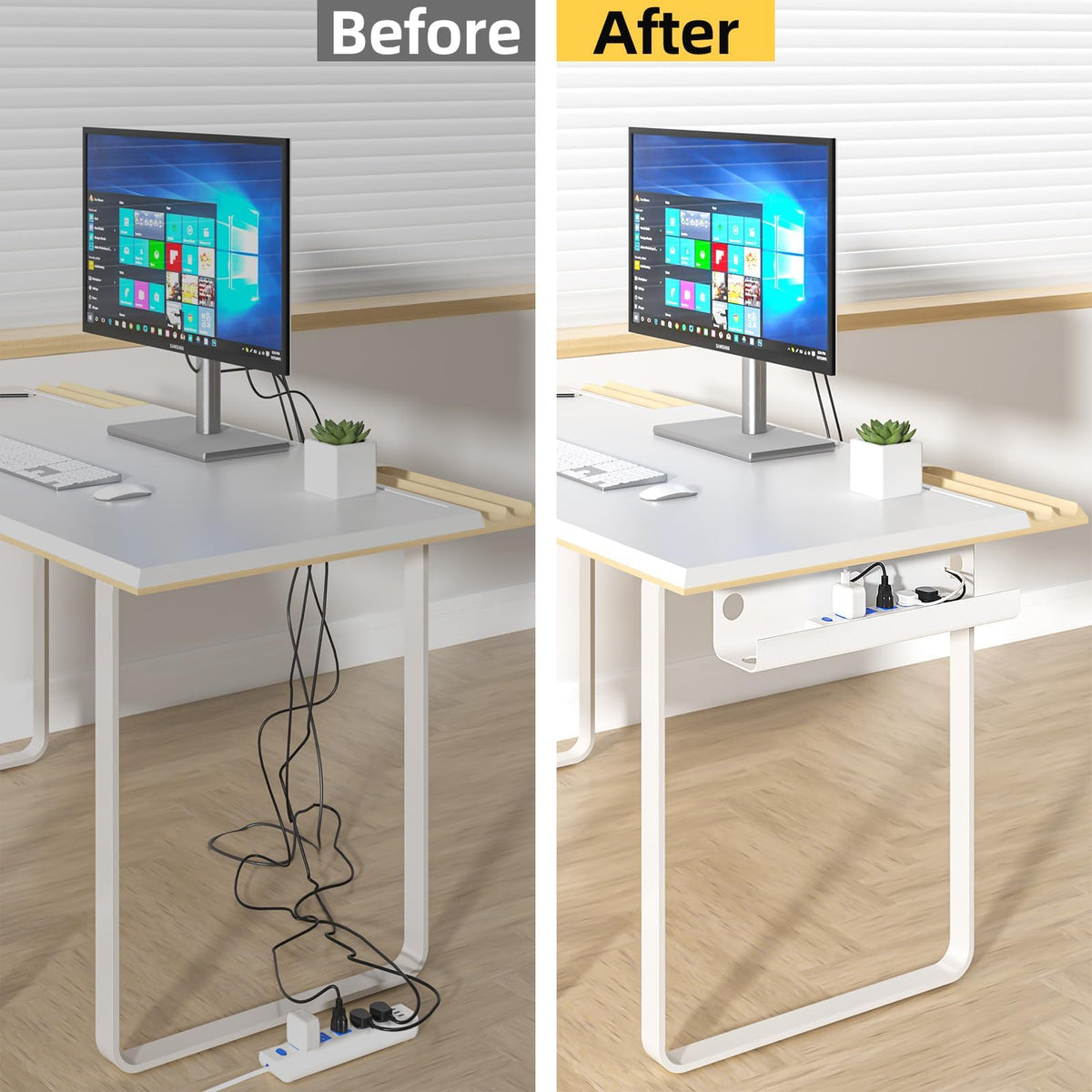 Yecaye spacious storage space helps keep power outlets organized under the desk.