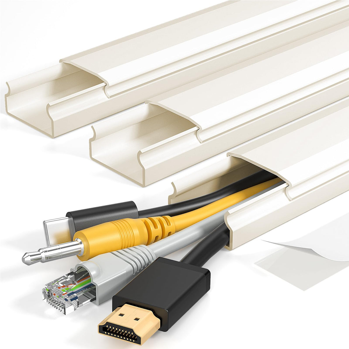 Yecaye TV Cord Hider 42in beige neatly conceals wires for a clean wall-mounted TV setup.