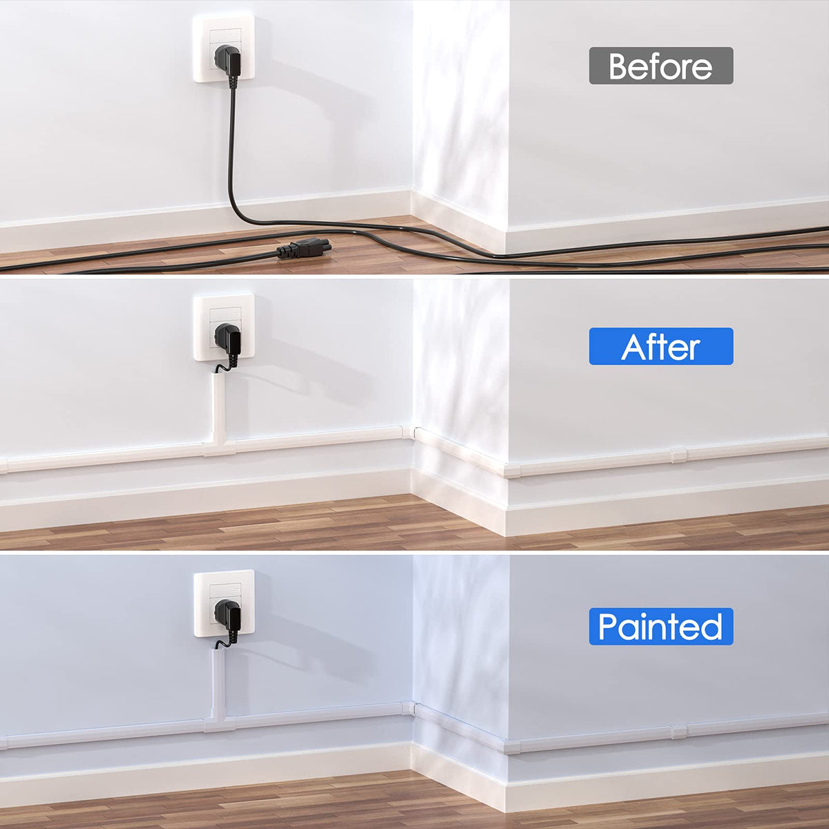 Yecaye wire management kit in white blends with any room.