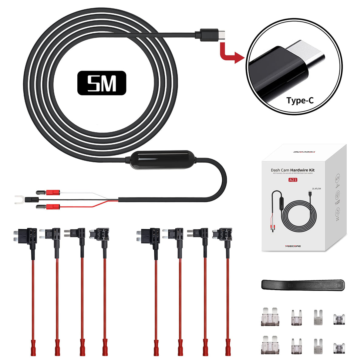 Yeecore dash cam hardwire kit packaging with cables and fuse tools.