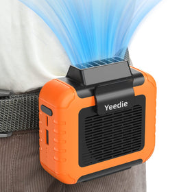Yeedie waist fan clipped to belt providing portable cooling for outdoor work