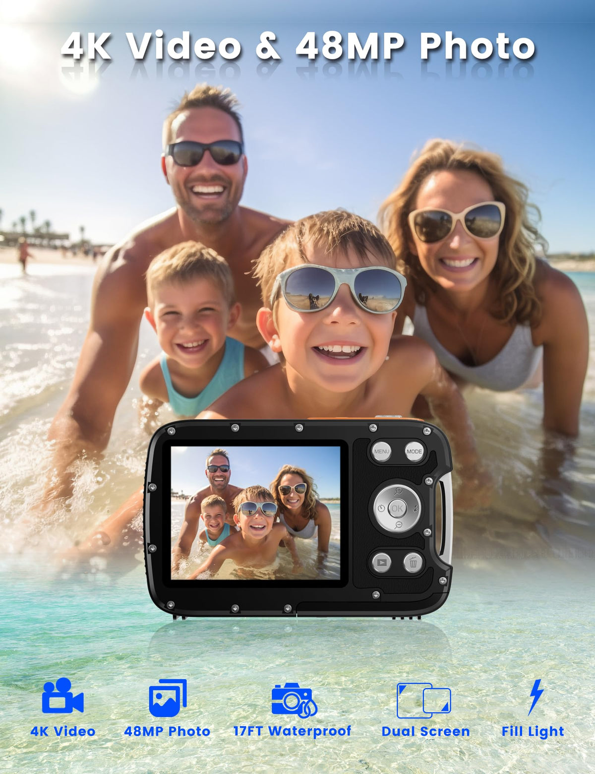 YEEIN underwater camera back display enables easy framing and selfies