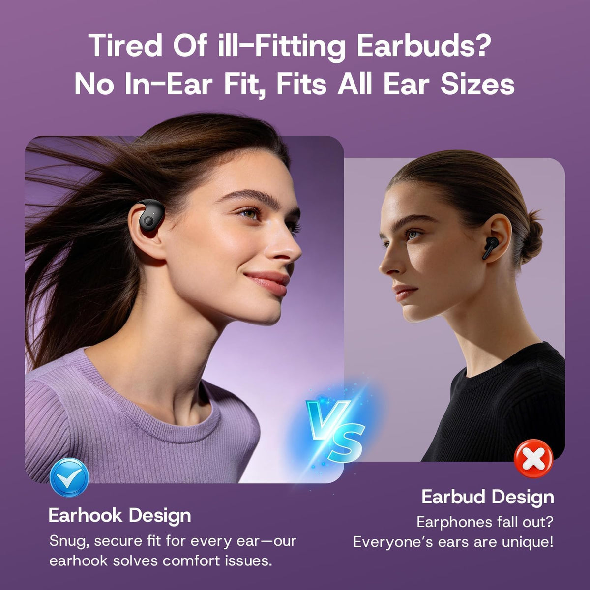 Yeforu side profile worn on ear demonstrating secure over-ear hook benefit