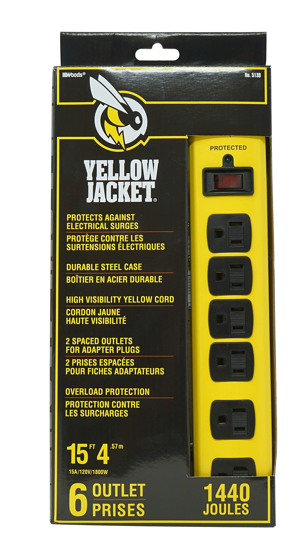 Yellow Jacket metal surge strip with six outlets and a 15-foot cord for versatile power.