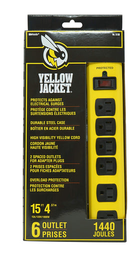 Yellow Jacket metal surge strip with six outlets and a 15-foot cord for versatile power.