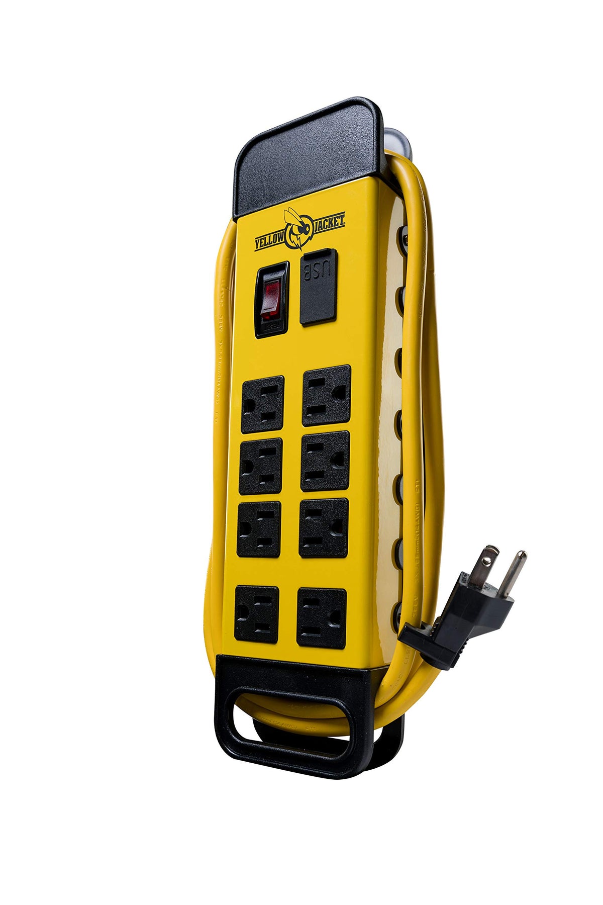 Yellow Jacket Power Block with 8 outlets and metal housing for reliable workshop power.