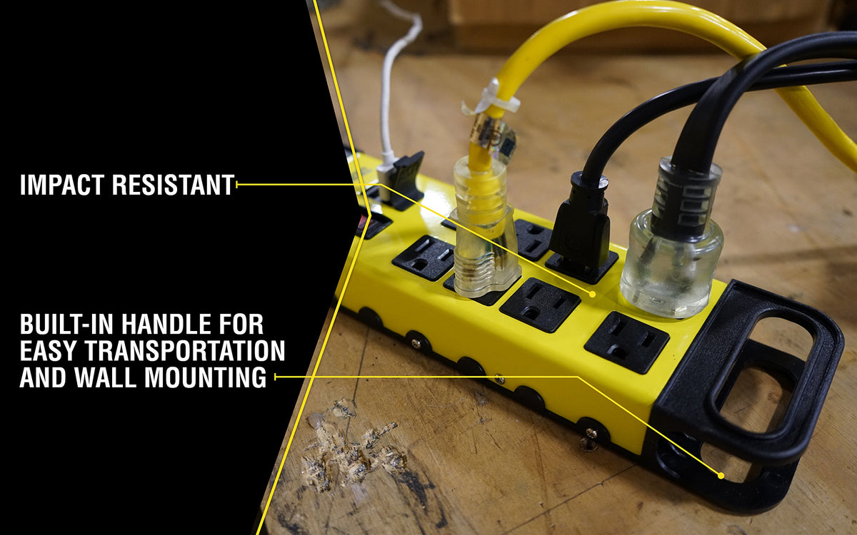 Yellow Jacket Power Block front view showing eight grounded outlets for tools.