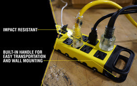 Yellow Jacket Power Block front view showing eight grounded outlets for tools.
