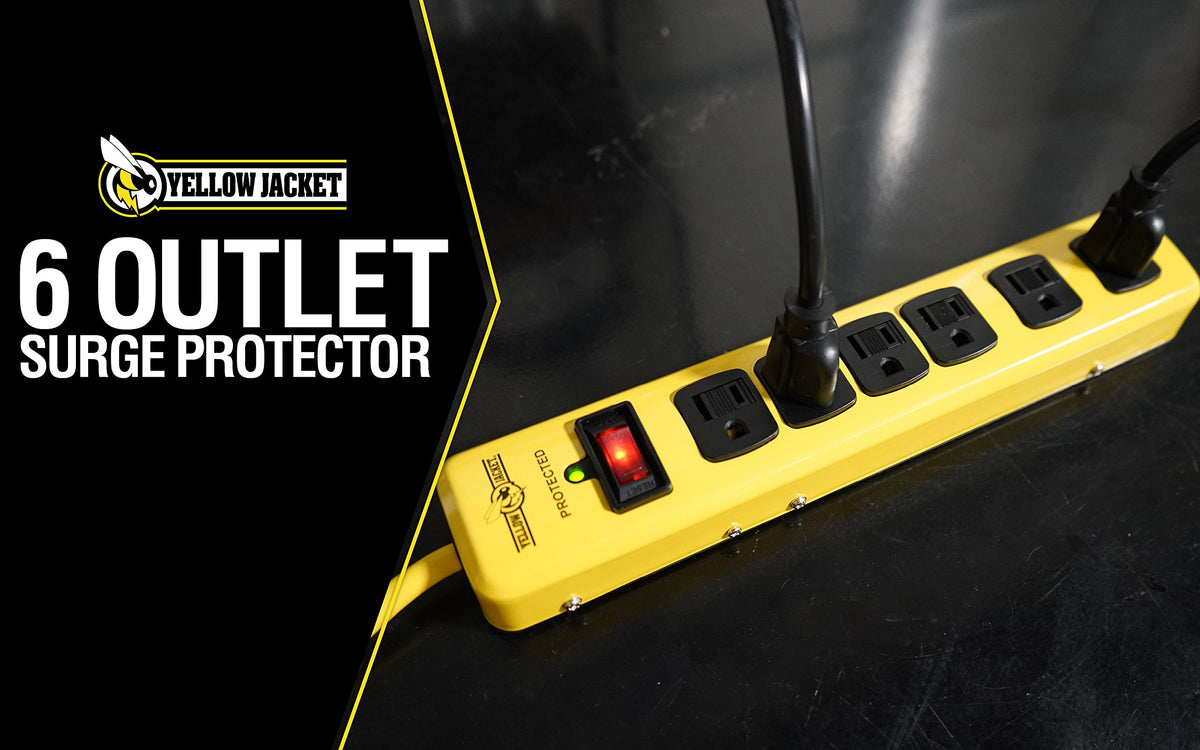 Yellow Jacket surge strip indicator light confirms protection for connected devices.