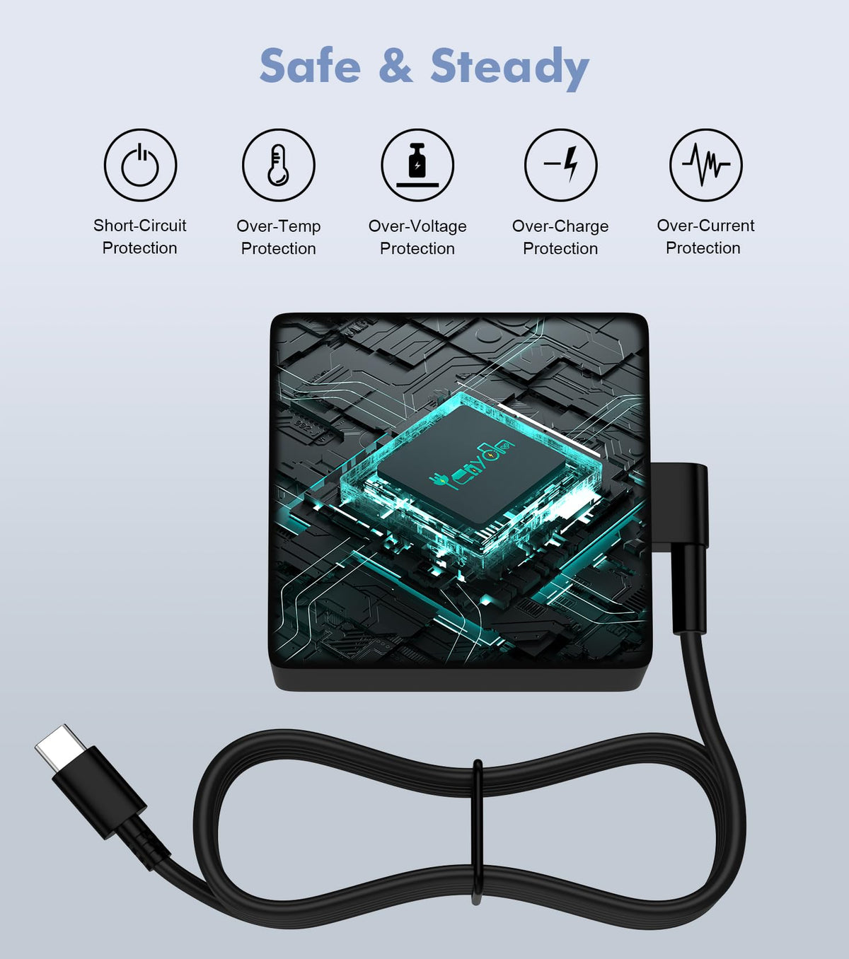 Yenyoh close-up of USB-C PD port and charger finish highlighting secure connection