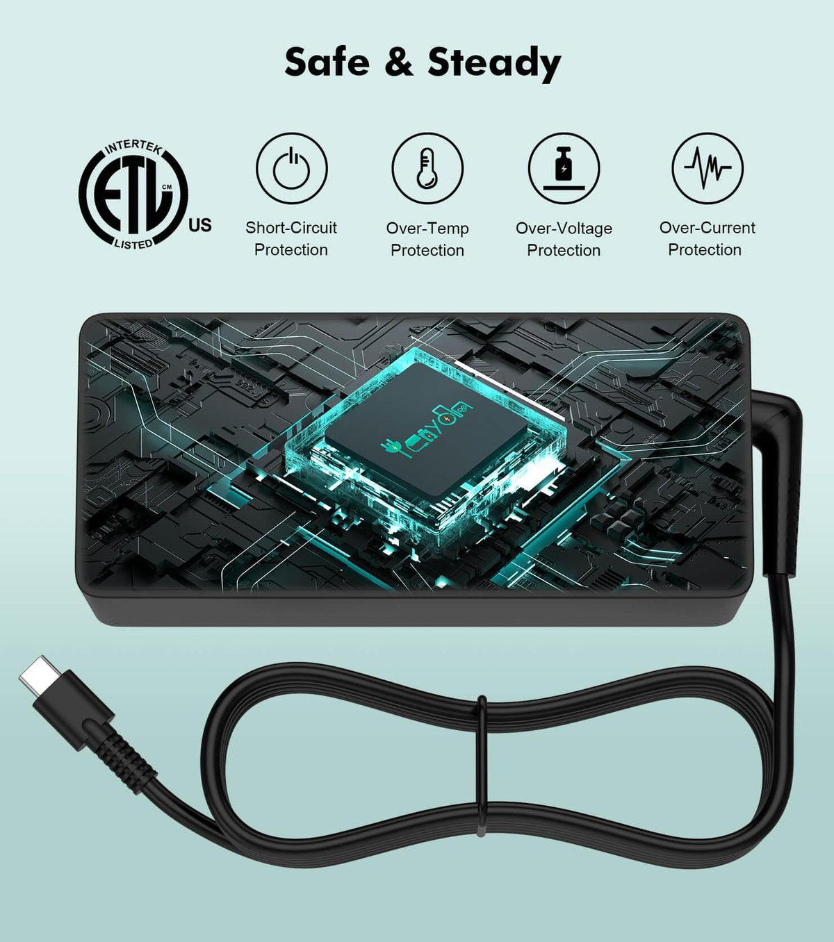 Yenyoh 100W USB-C charger side ports close-up shows versatile USB-C power options.