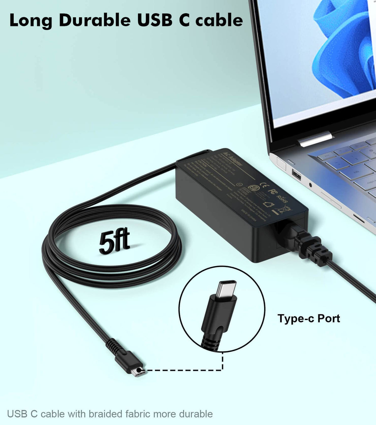 Yenyoh 100W USB-C charger with AC cord demonstrates simple setup.