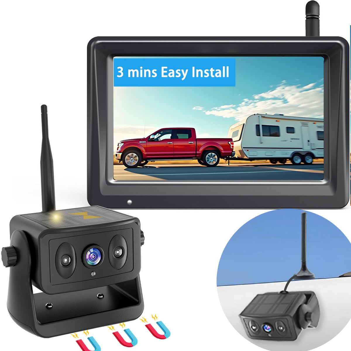YEOIZO wireless backup camera on metal surface for quick magnetic mounting