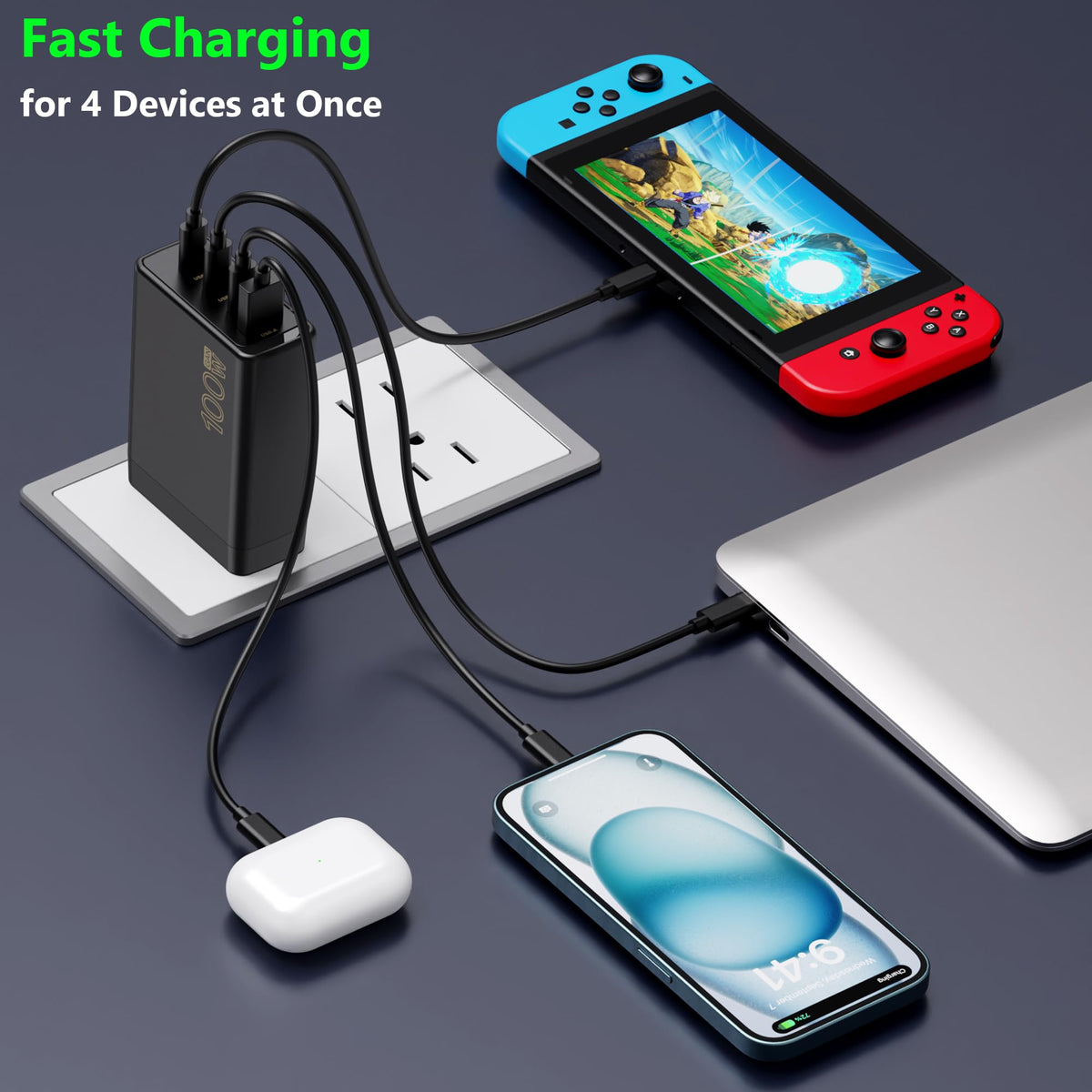 YEOTSMUT 100W GaN 4-Port Charger side view shows compact profile for travel