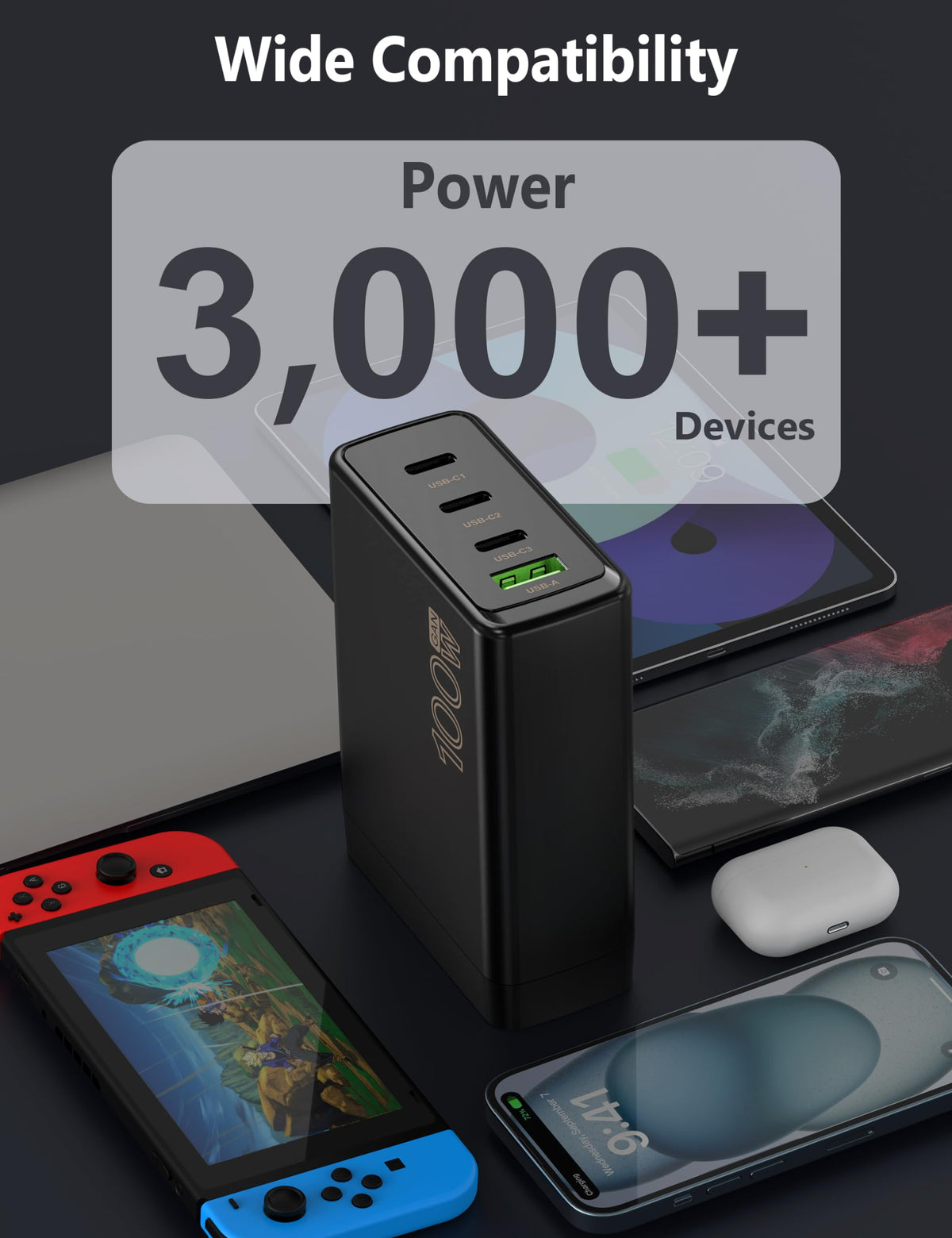 YEOTSMUT 100W GaN 4-Port Charger travel-ready for home, office, or on-the-go
