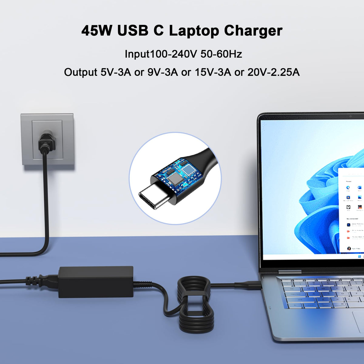 YEOTSMUT 45W USB-C charger in use with a laptop, showcasing reliable charging