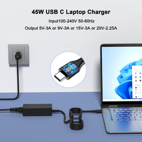 YEOTSMUT 45W USB-C charger in use with a laptop, showcasing reliable charging