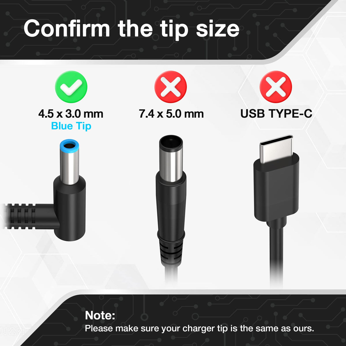 YEOTSMUT charger back view with global input and blue tip.