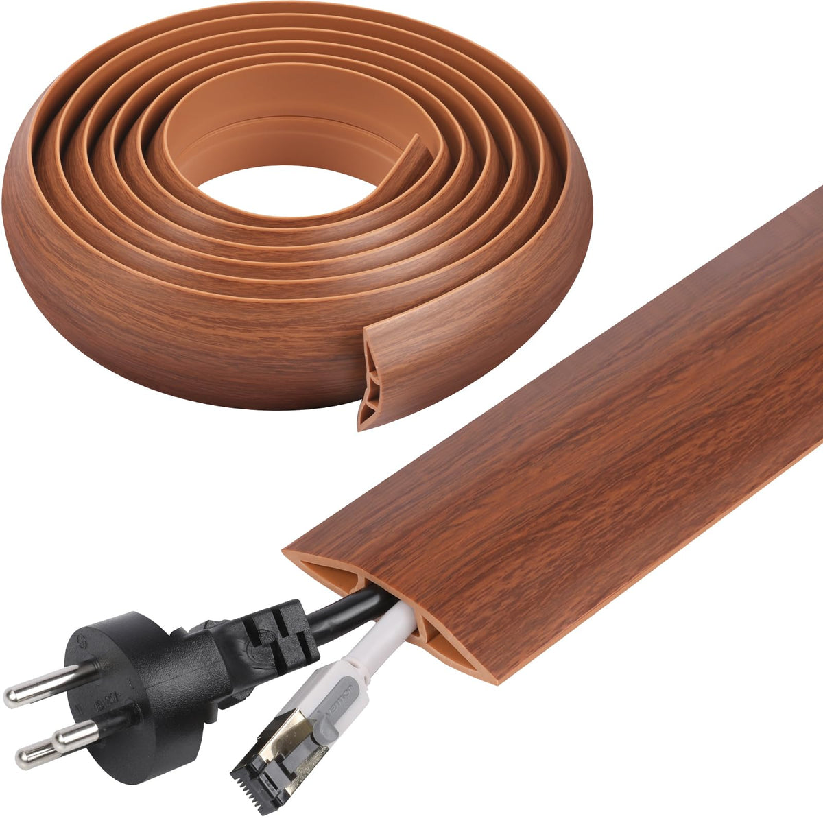 YesBes 10ft floor cord cover protects cables on brown floors and reduces tripping.
