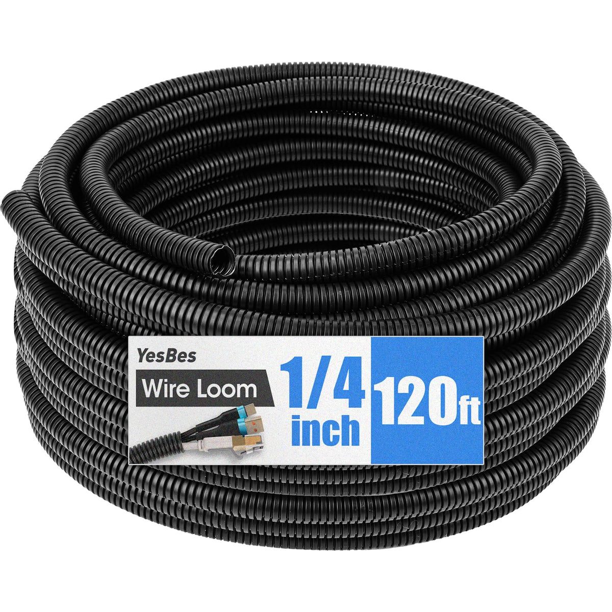 YesBes 120 ft split wire loom 1/4 inch in black protects automotive and household cables.