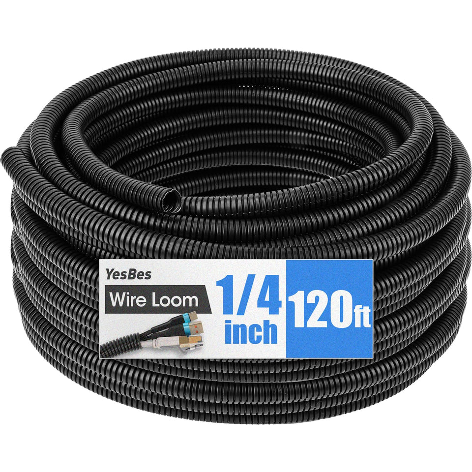 YesBes 120 ft split wire loom 1/4 inch in black protects automotive and household cables.