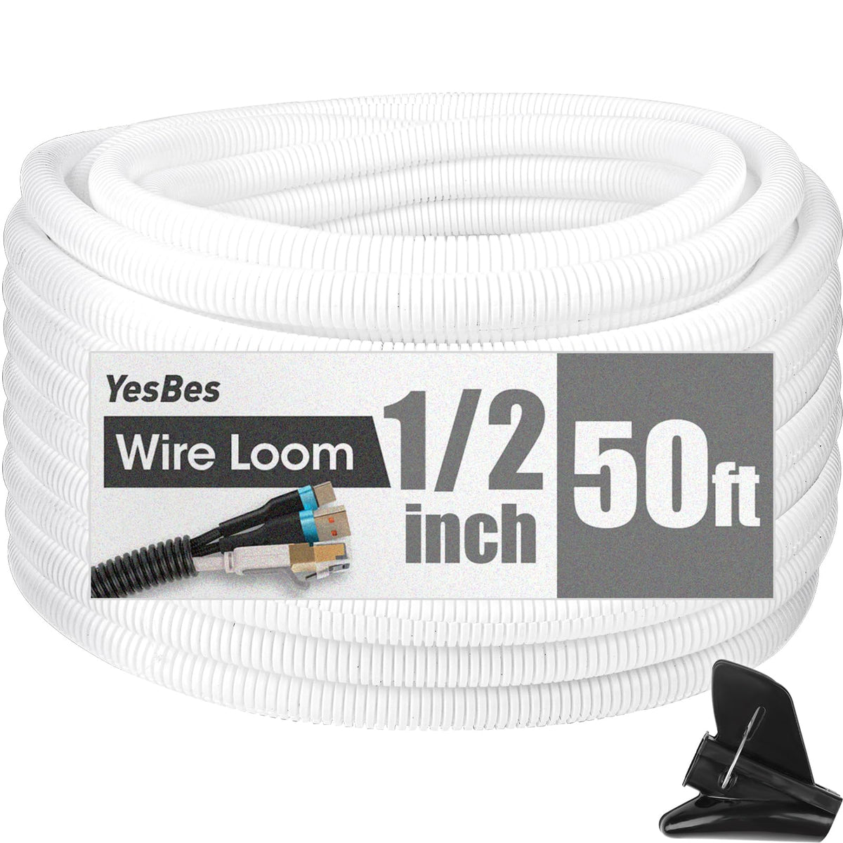YesBes 50 ft white split wire loom demonstrates durable protection for cables.